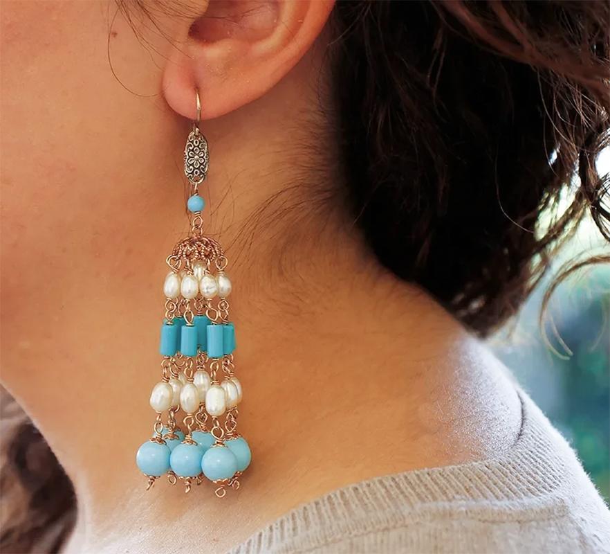 Mixed Cut Turquoise and Pearls Beaded Dangle Earrings