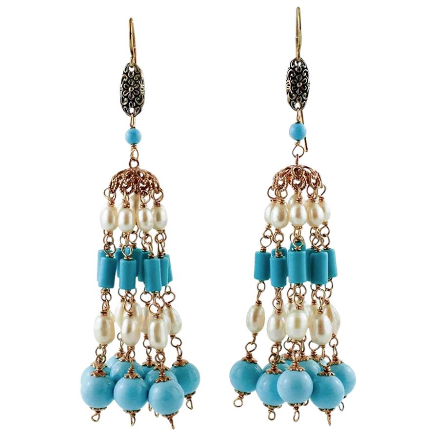 Turquoise and Pearls Beaded Dangle Earrings