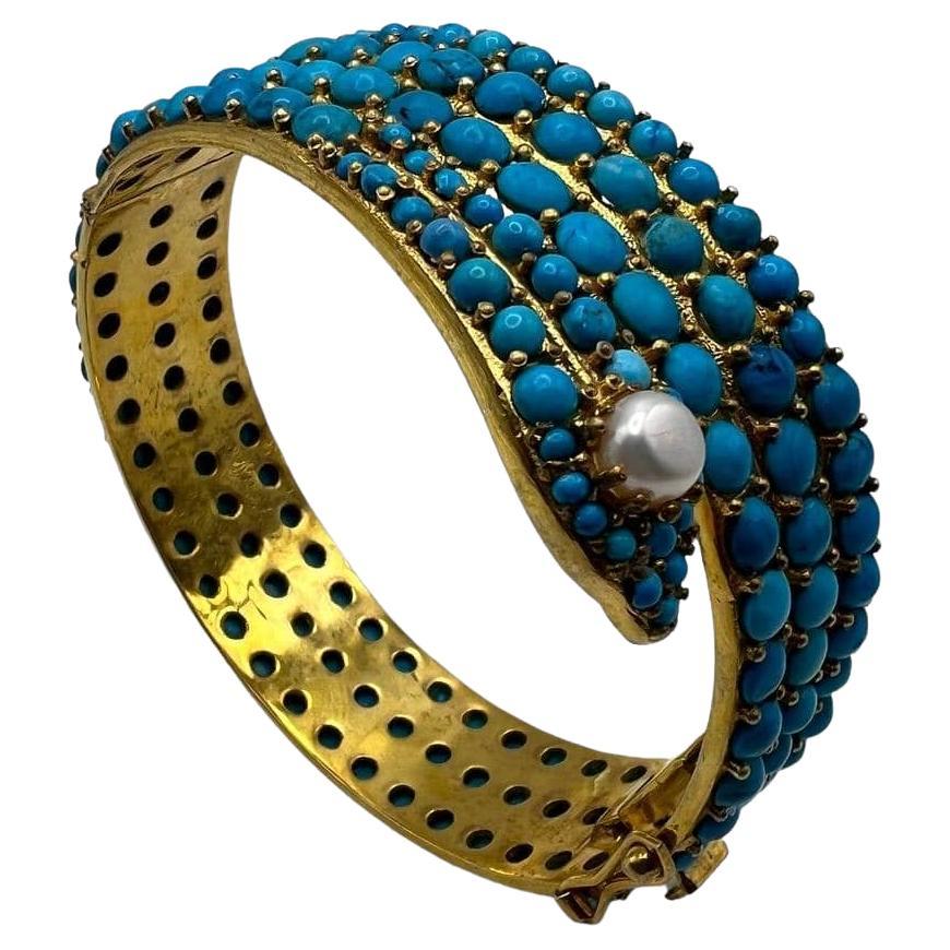 Ancien Bracelet Serpent Argent Massif Turquoises 