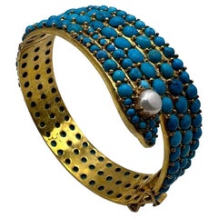 Turquoise and Pearls Gilded Silver Snake Bracelet