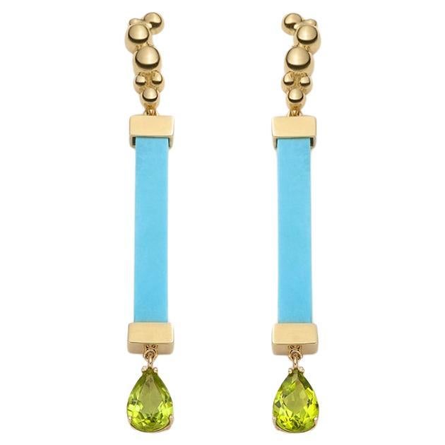 Turquoise and Peridot Earrings in 14K yellow Gold, by SERAFINO For Sale