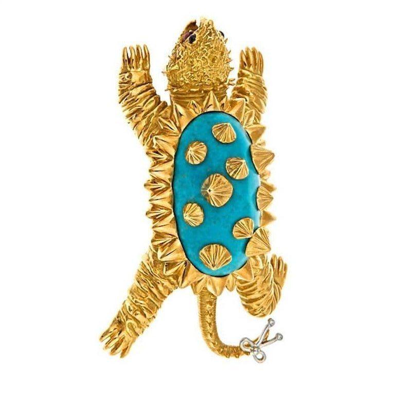 Contemporary Turquoise and Platinum 18k Gold ALLIGATOR TURTLE Brooch by John Landrum Bryant For Sale