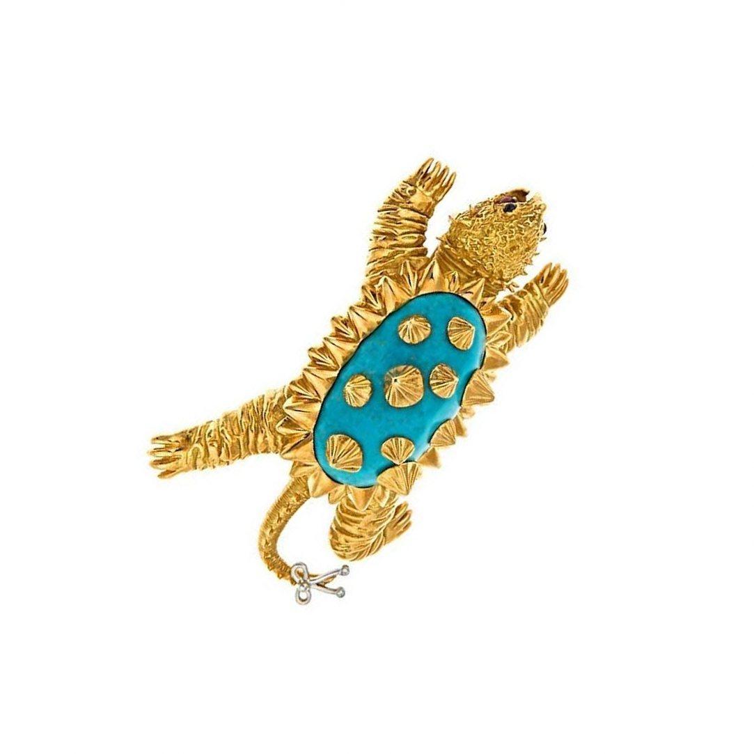Turquoise and Platinum 18k Gold ALLIGATOR TURTLE Brooch by John Landrum Bryant In New Condition For Sale In New York, NY
