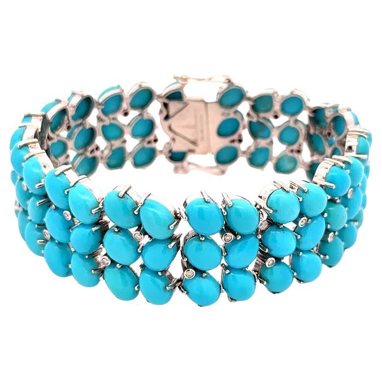 Turquoise and RBC Diamond Gold Pebbled Vintage Statement Bracelet