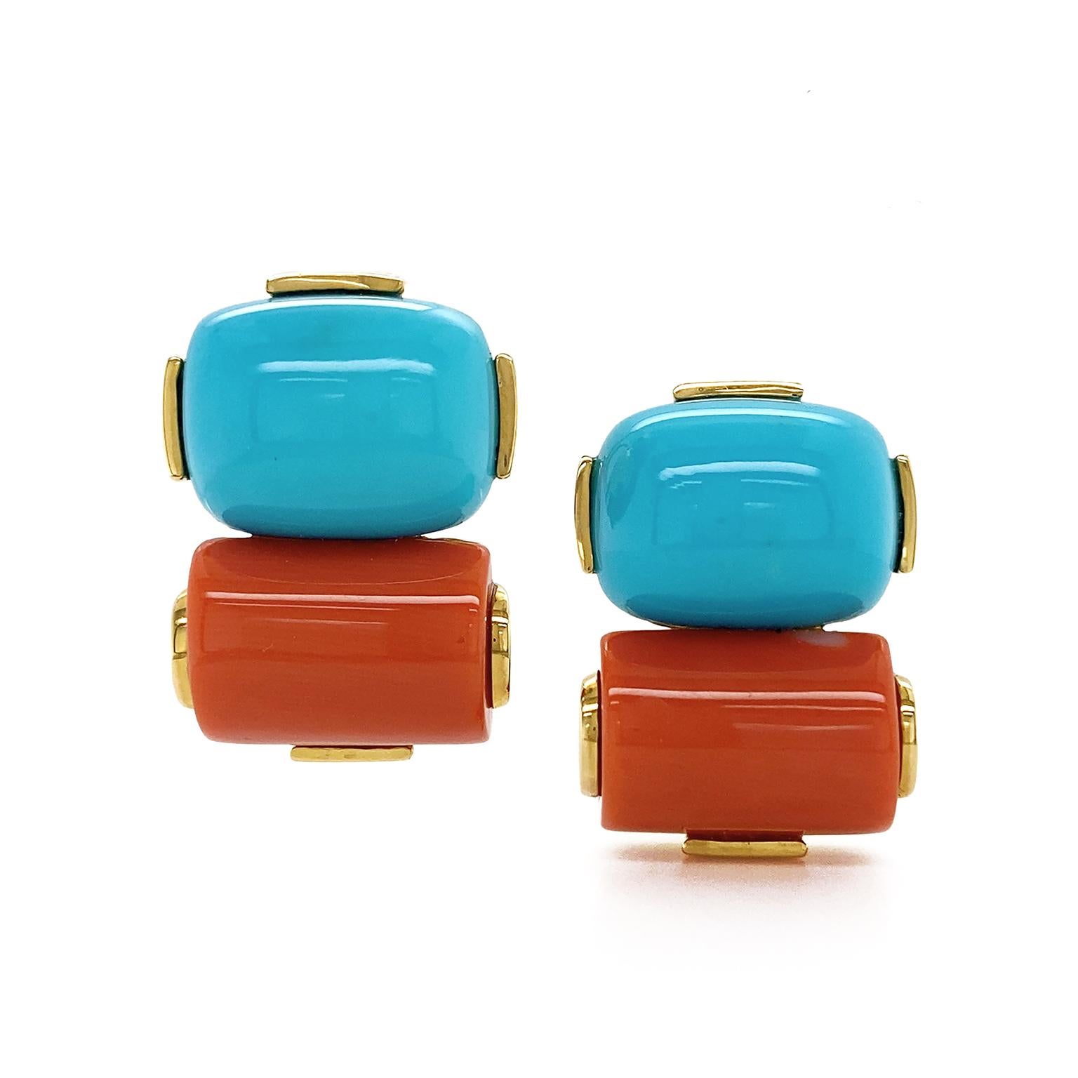 Timeless complementary colors of blue and red are given a modern interpretation for these earrings. Above is turquoise, carved in a cushion cabochon. Below is red coral, in a rectangle cabochon. 18k yellow gold prongs both secure and bring out the