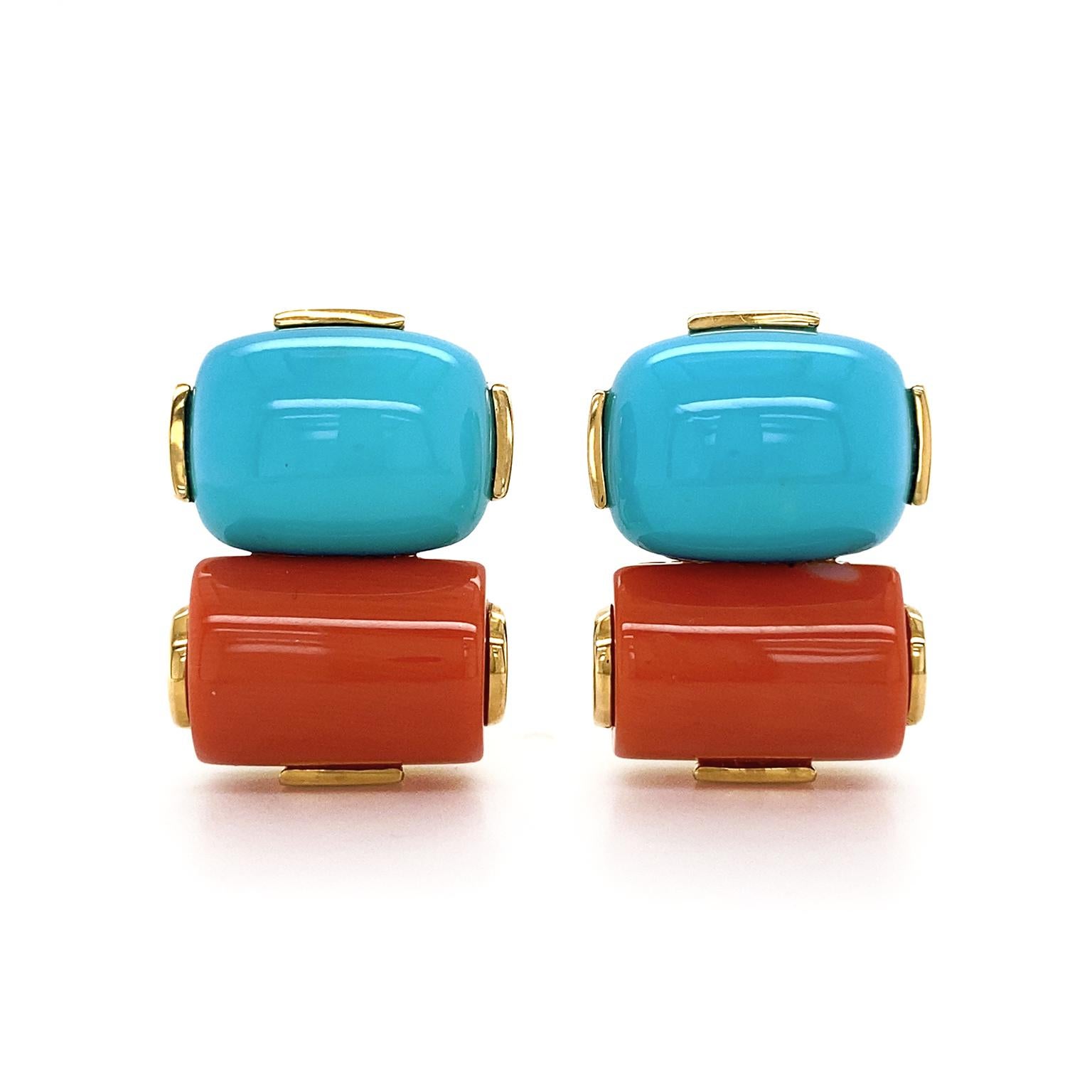 Sleeping Beauty Turquoise Red Coral 18K Yellow Gold Earrings In New Condition For Sale In New York, NY