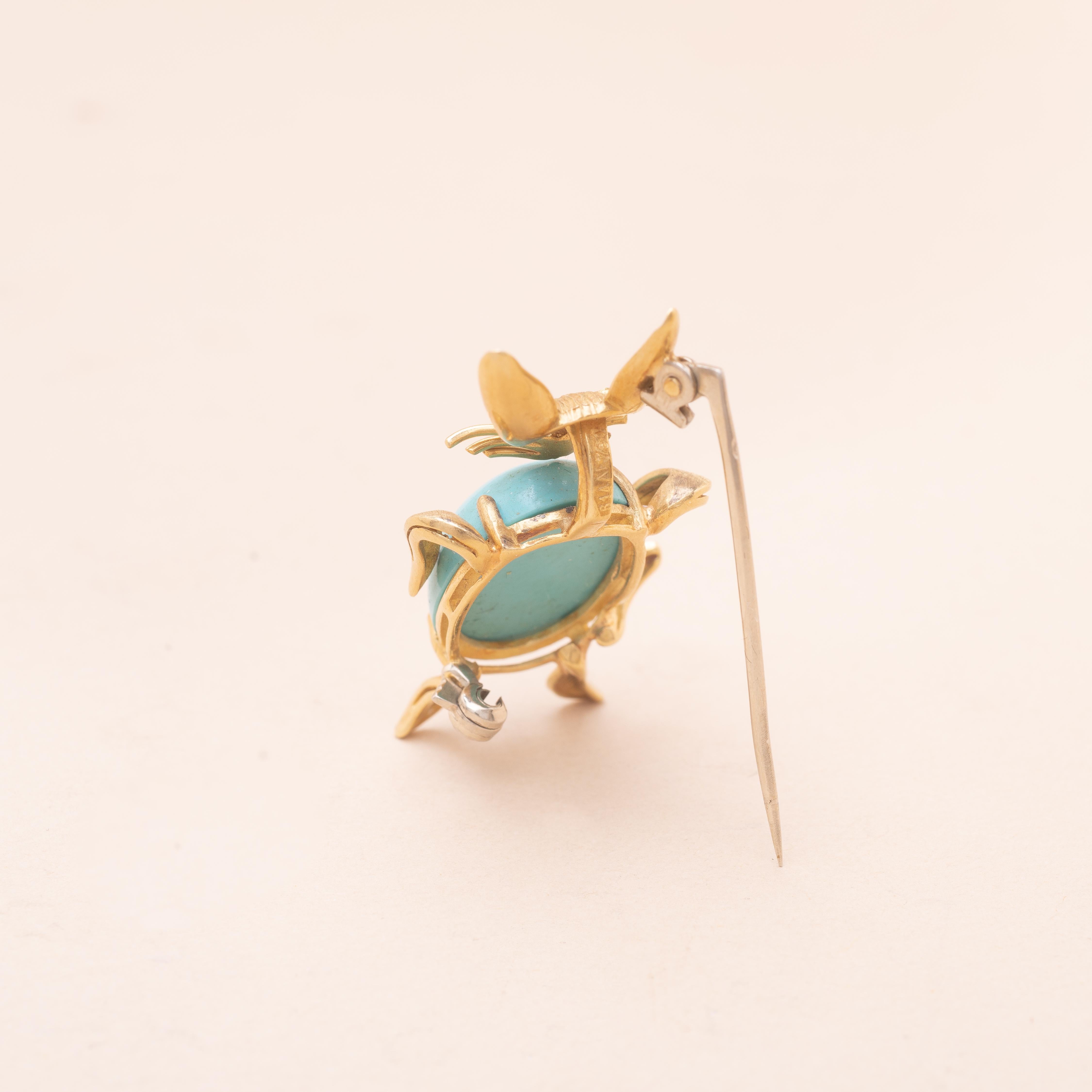 Cabochon Turquoise and Ruby 18K Gold Bunny Brooch For Sale