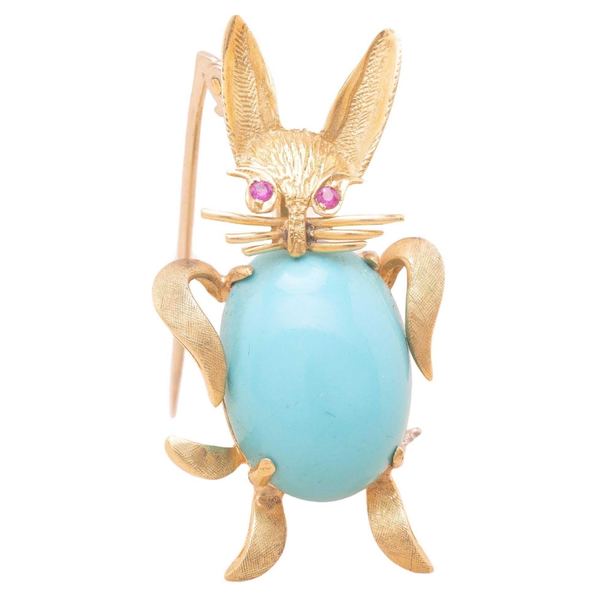 Turquoise and Ruby 18K Gold Bunny Brooch