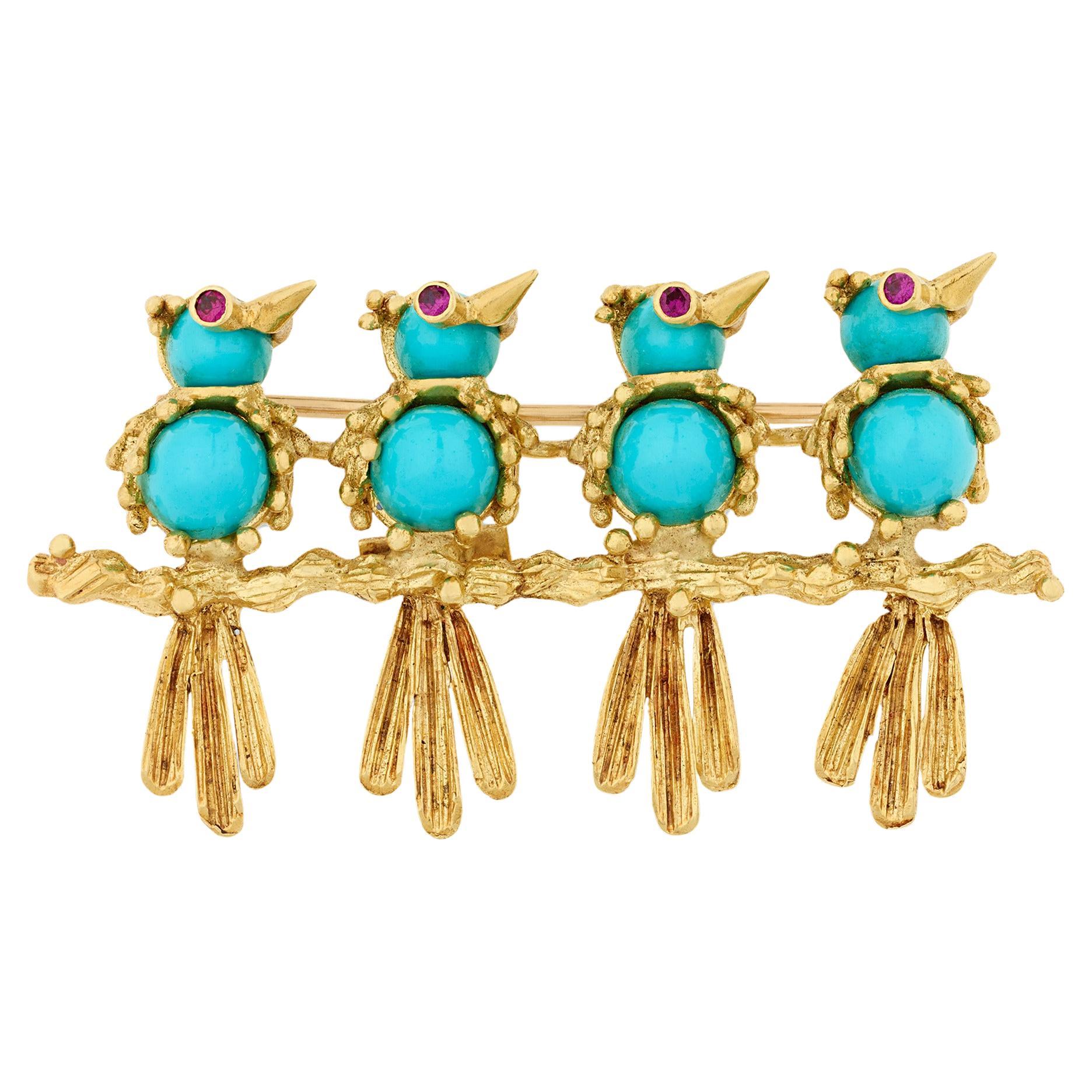 Turquoise And Ruby Bird Brooch Cartier For Sale