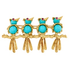 Vintage Turquoise And Ruby Bird Brooch Cartier