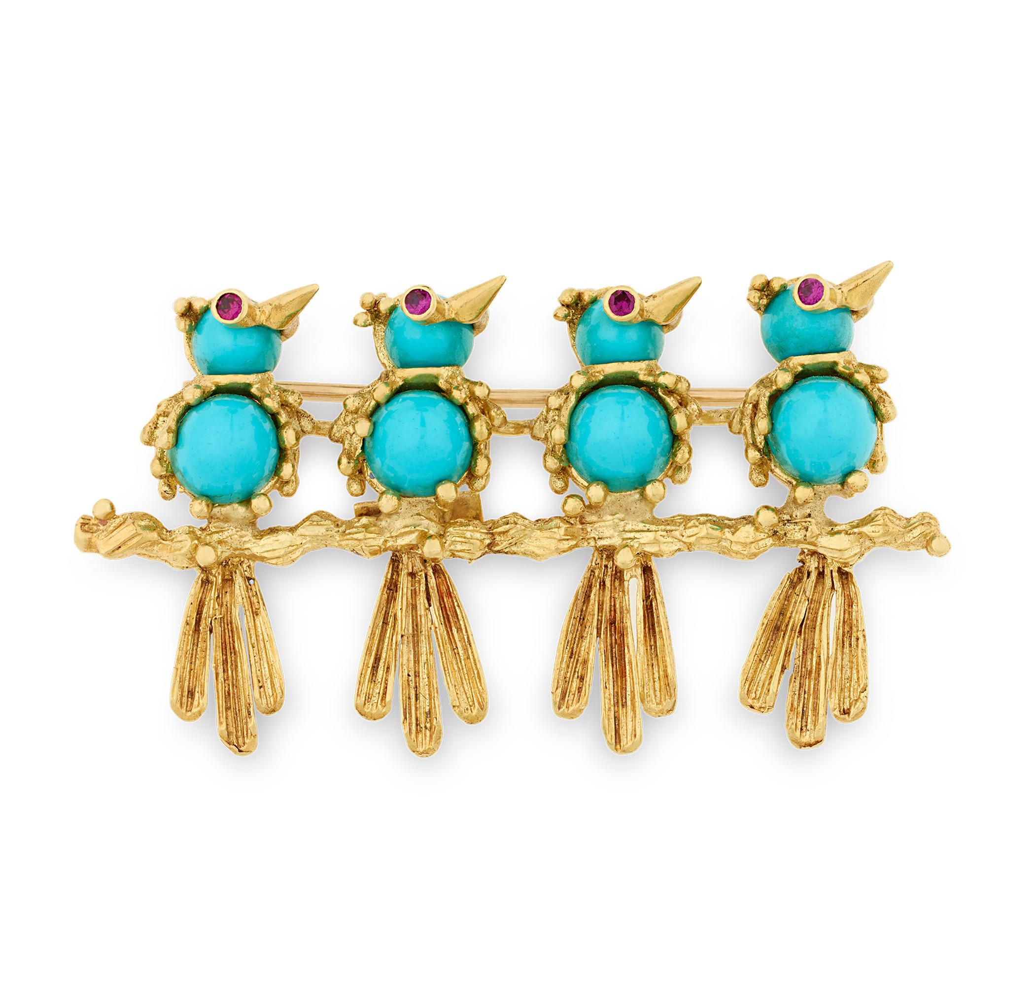 Turquoise And Ruby Bird Brooch - image 1