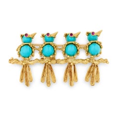 Turquoise and Ruby Bird Brooch