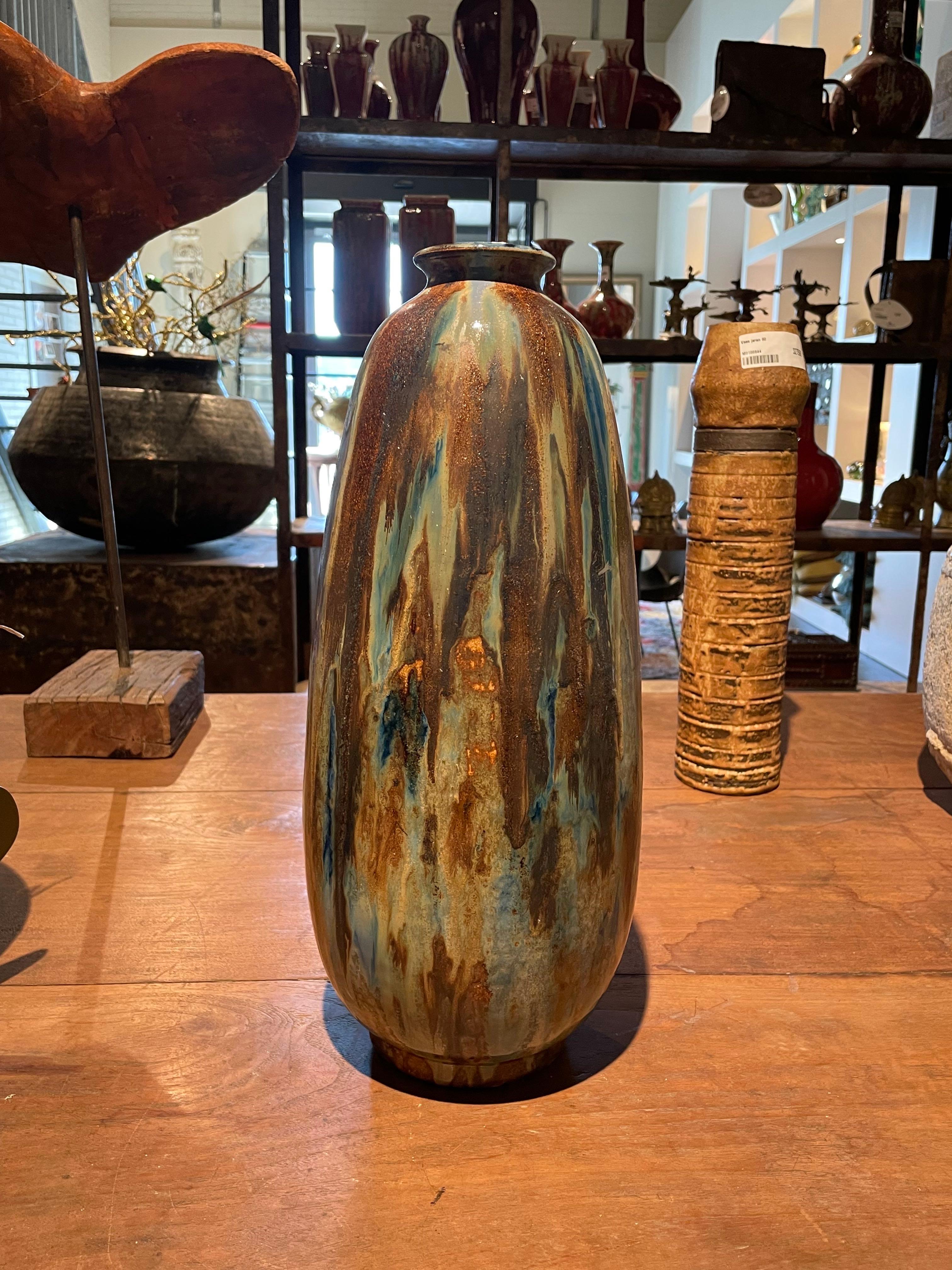 Belgian Turquoise and Rust Tall Drip Glaze Vase, Belgium, 1920s