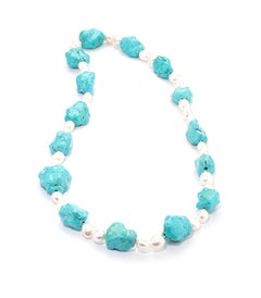 Turquoise and Saltwater Pearl Necklace and Matching Earrings Set