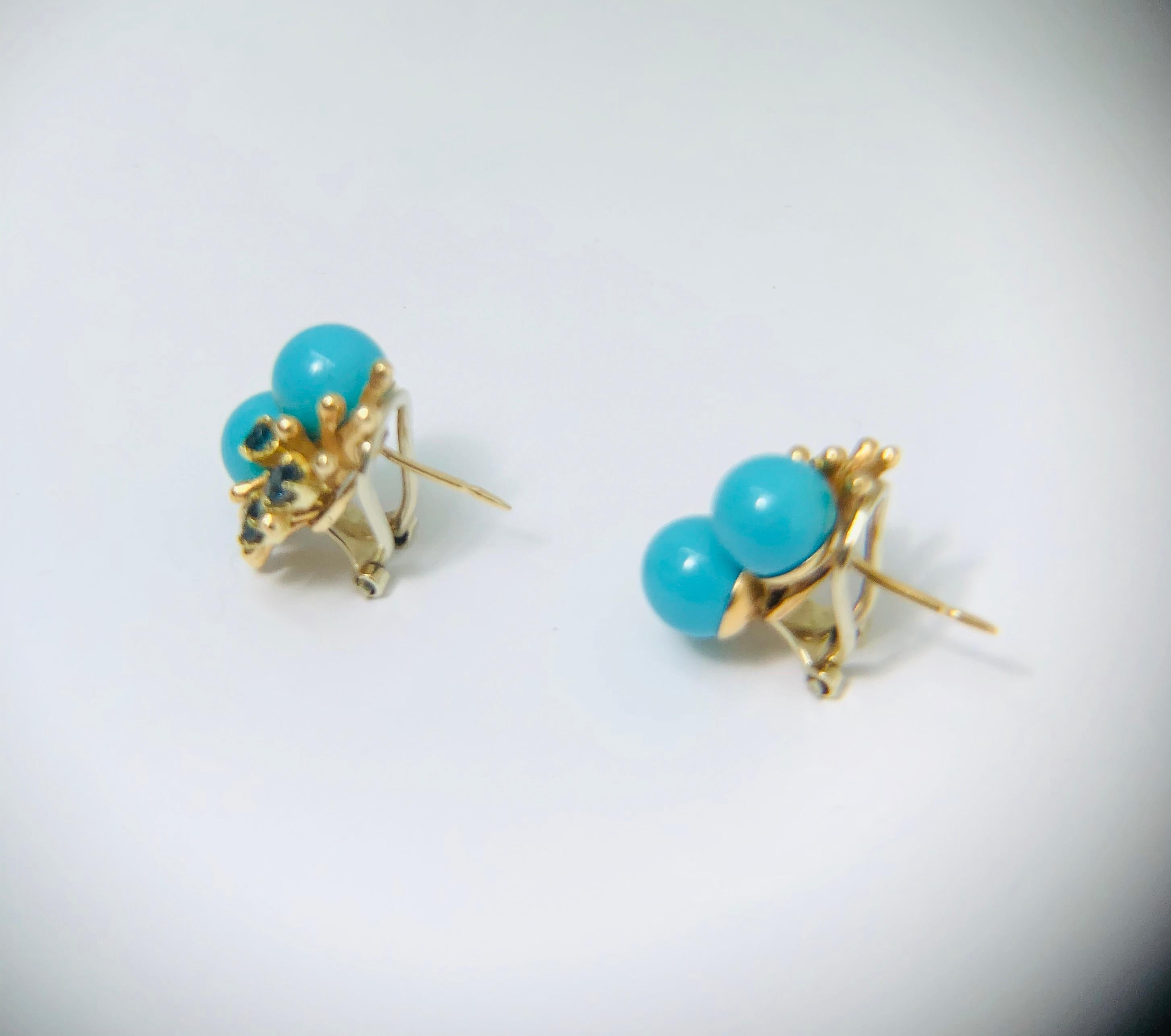 Ball Cut Turquoise and Sapphire Earrings, 14 Carat Yellow Gold