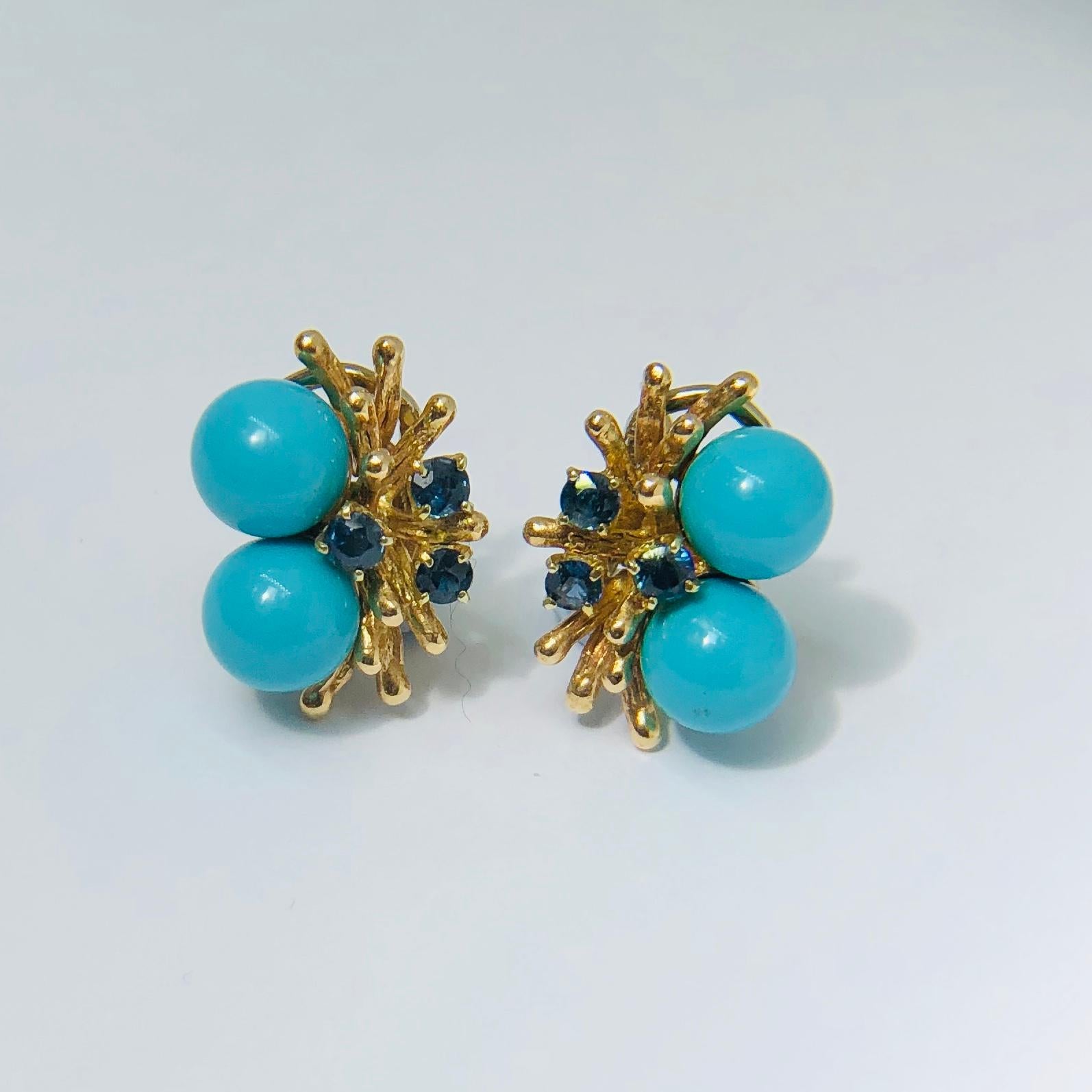 Turquoise and Sapphire Earrings, 14 Carat Yellow Gold 1