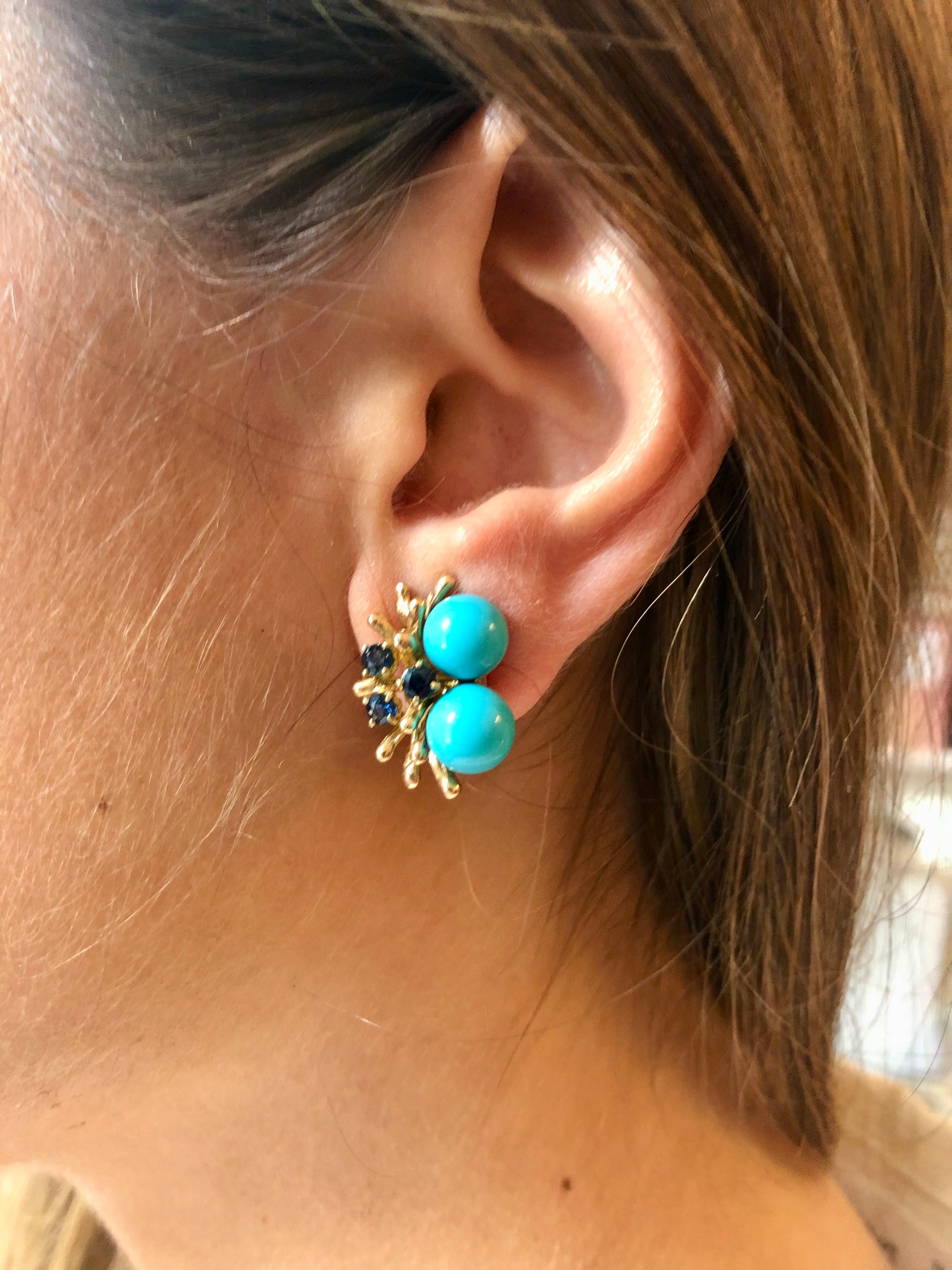 Turquoise and Sapphire Earrings, 14 Carat Yellow Gold 2