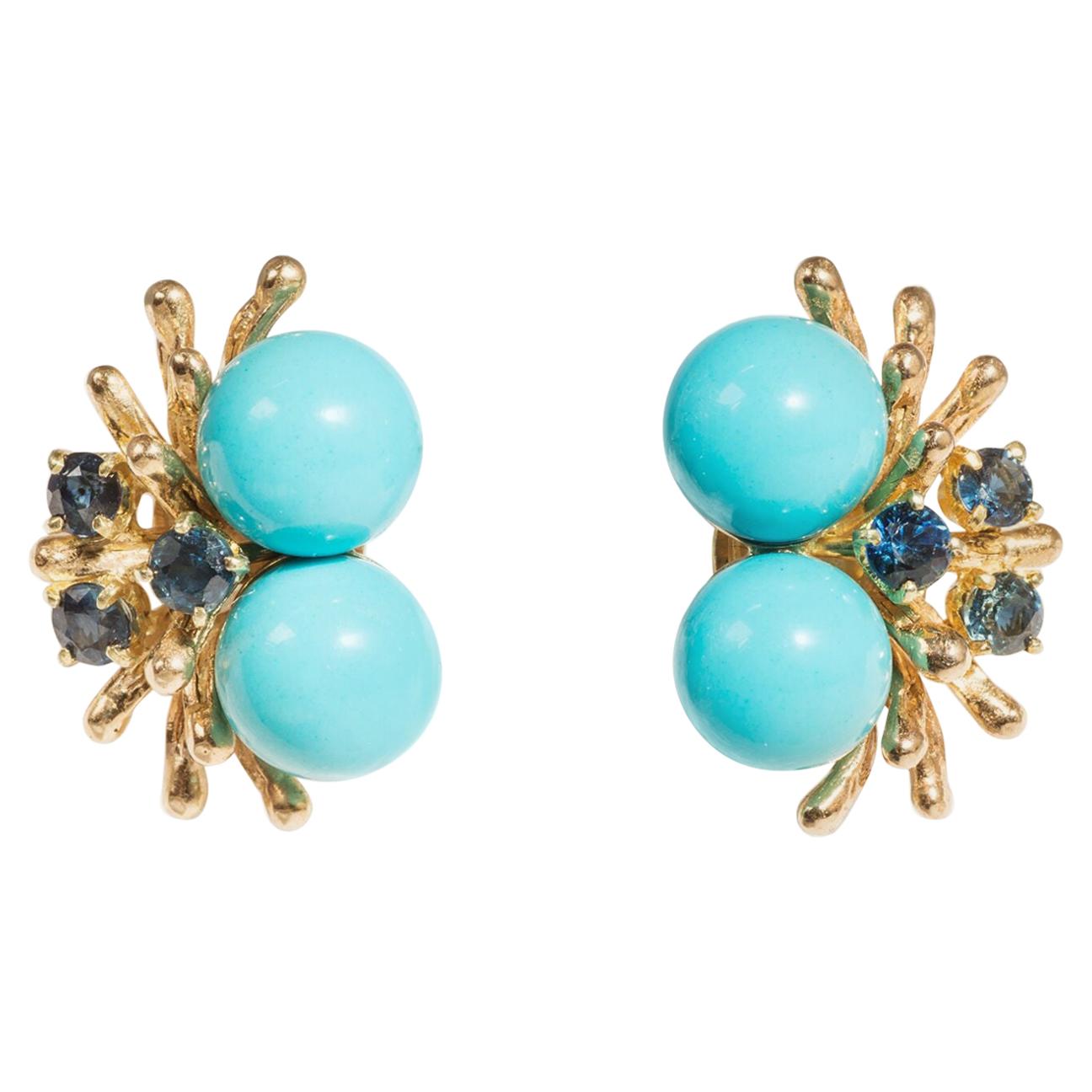Turquoise and Sapphire Earrings, 14 Carat Yellow Gold
