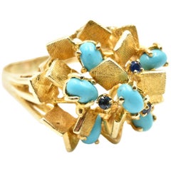 Turquoise and Sapphire Geometric Ring 14 Karat Yellow Gold