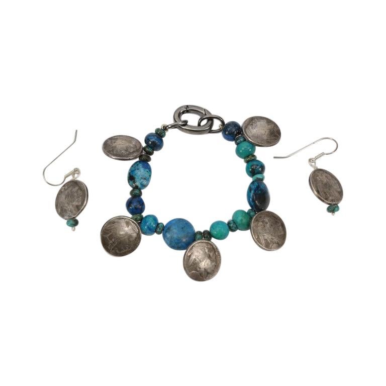 Turquoise and Silver American Indian Heads Bracelet and Drop Earrings For Sale