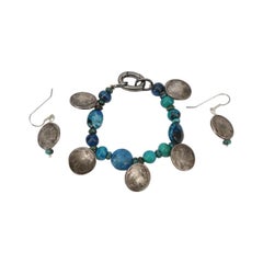 Retro Turquoise and Silver American Indian Heads Bracelet and Drop Earrings