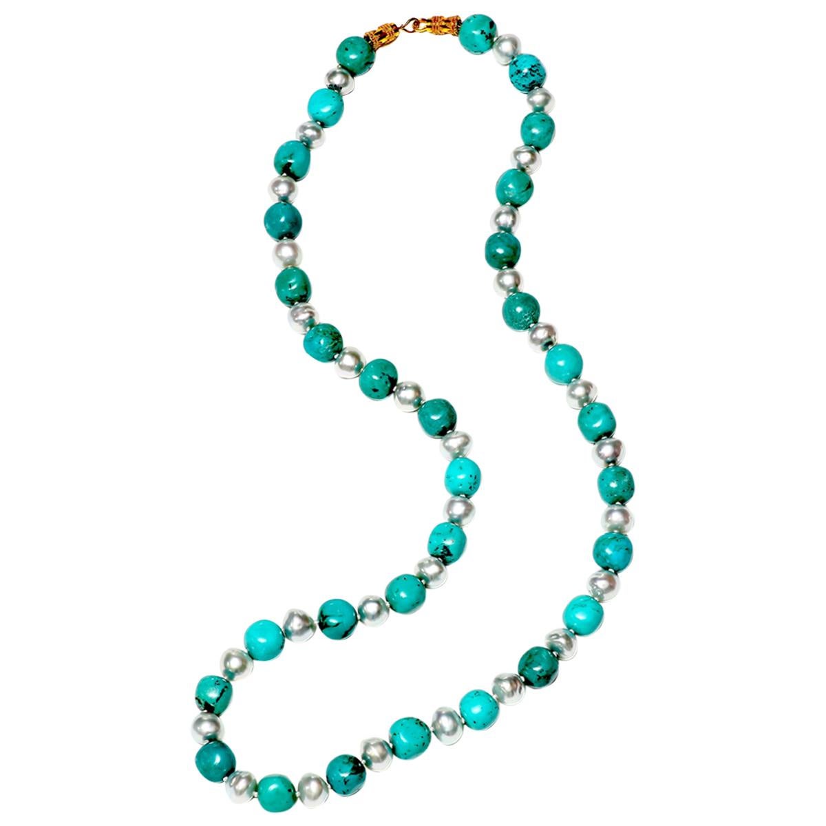 Turquoise and Southsea Pearl Necklace For Sale