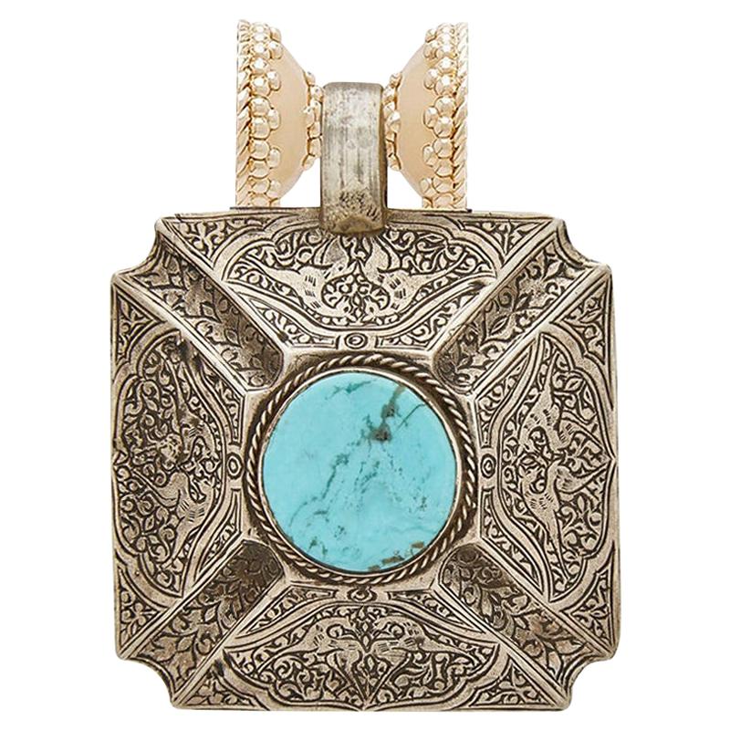 Turquoise and Sterling Silver Carved Pendant For Sale