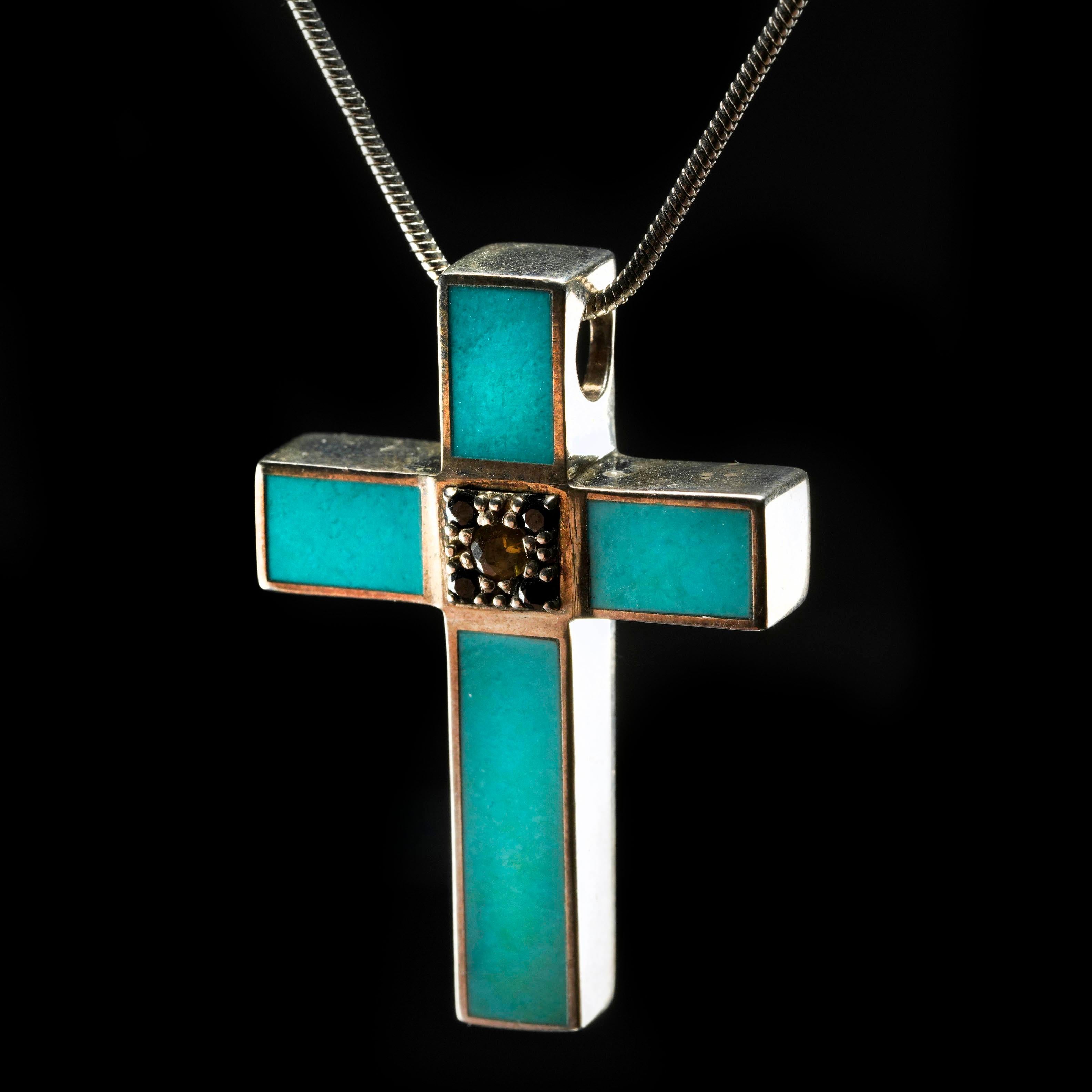 Croce in turchese e argento sterling con zaffiri gialli e blu In condizioni Nuovo in vendita a New York, NY