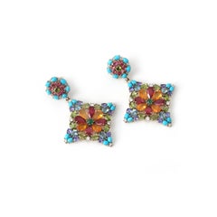 Turquoise and Tanzanite Earrings, 18k Yellow Gold Mix Gemstone Earrings