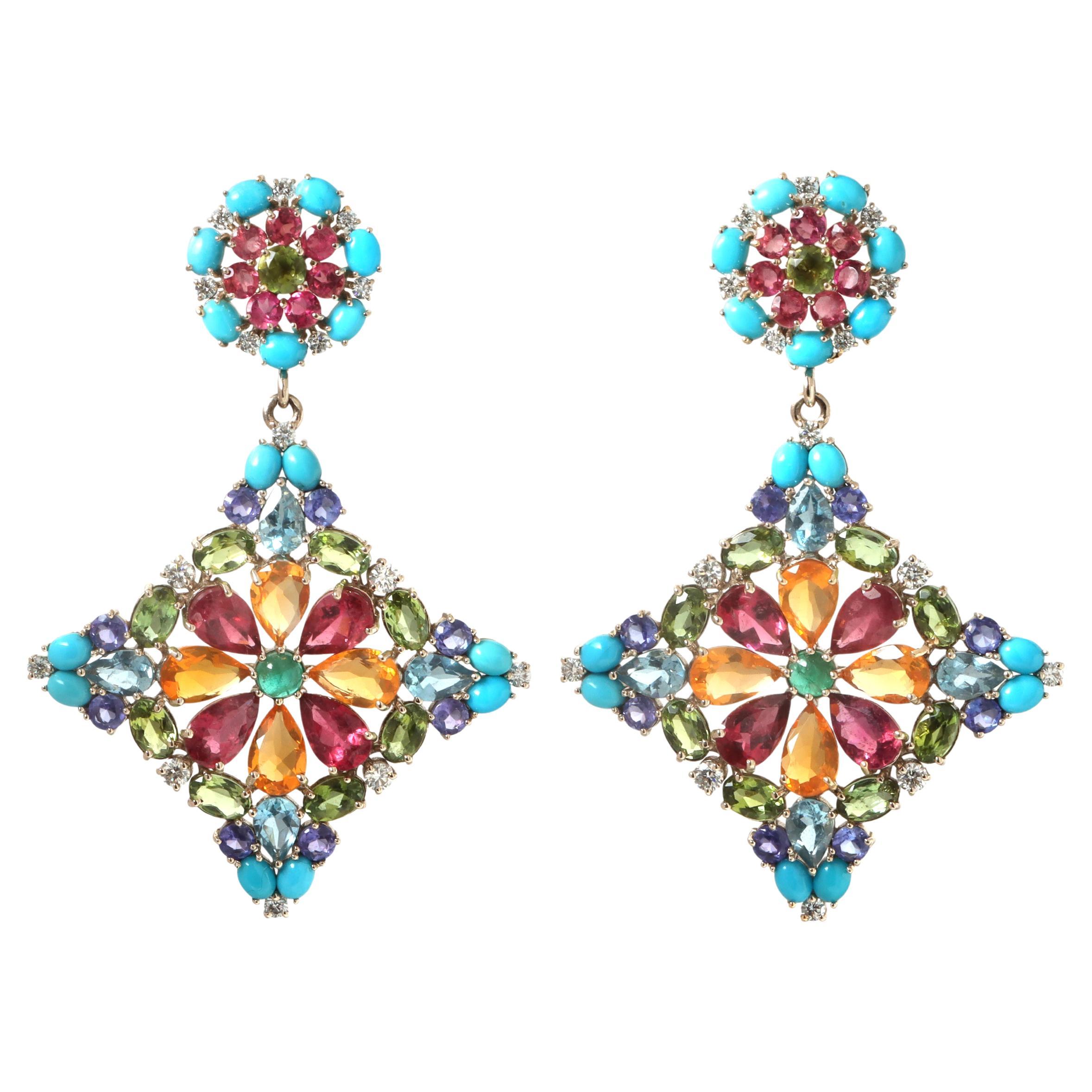 Turquoise and Tanzanite Earrings, 18k Yellow Gold Mix Gemstone Earrings For Sale