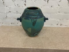 Turquoise and Teal Drip Glaze Ceramic Vase with Sculptural Side Handles