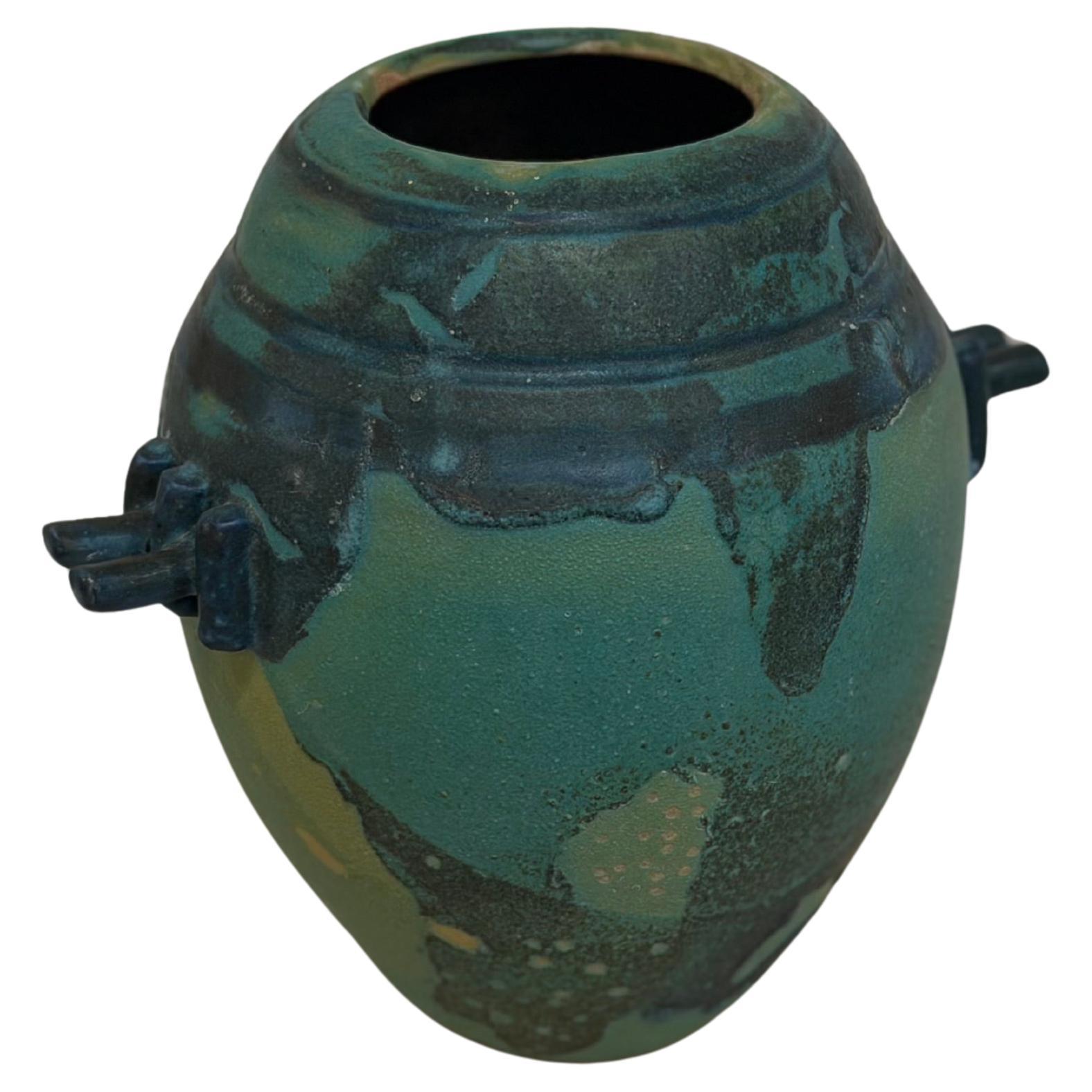 Turquoise and Teal Drip Glaze Ceramic Vase with Sculptural Side Handles