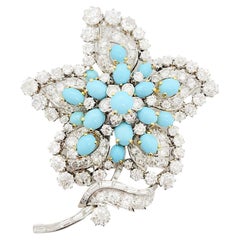 Turquoise and White Diamond Brooch in 18k Yellow and White Gold
