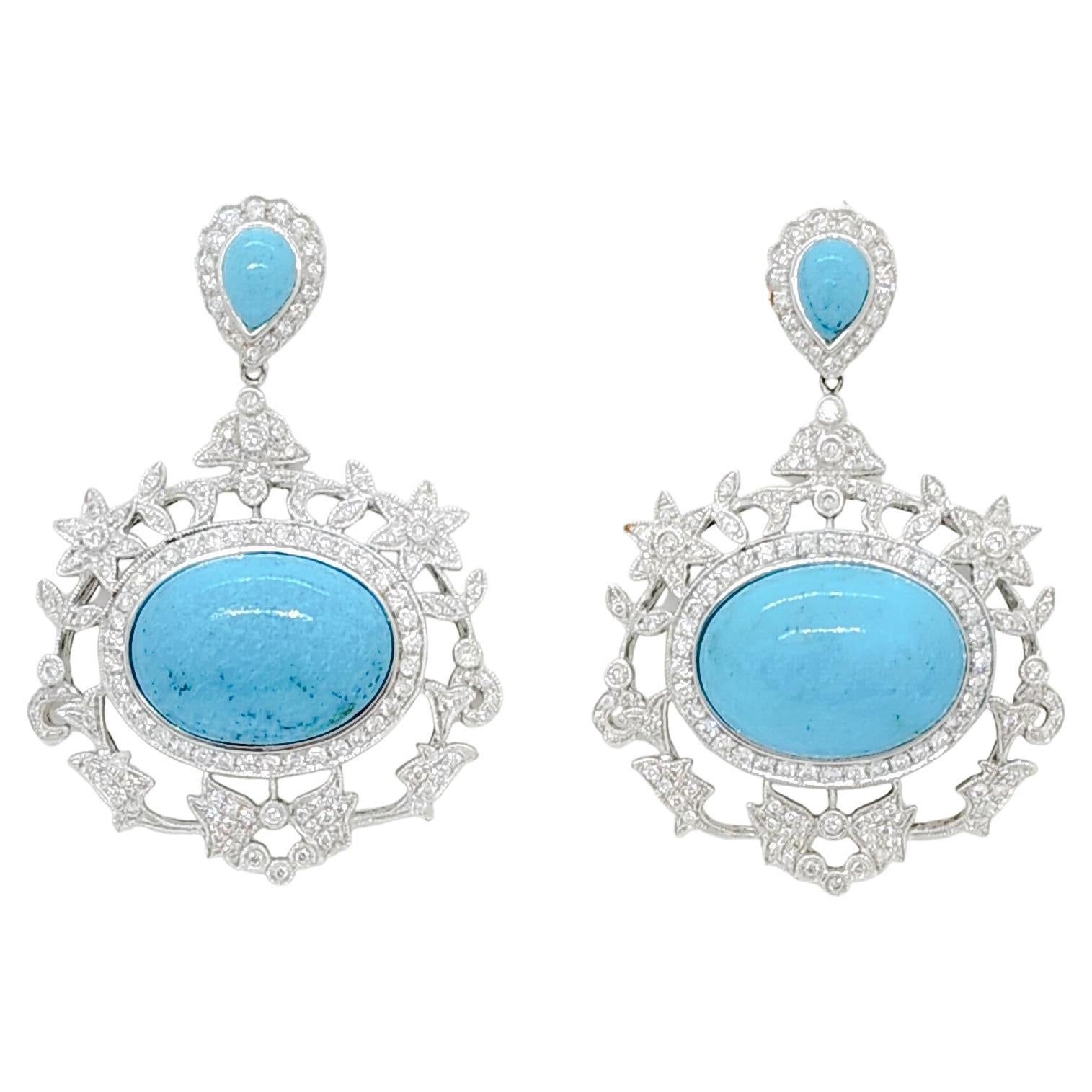 Turquoise and White Diamond Dangle Earrings in 18k White Gold For Sale