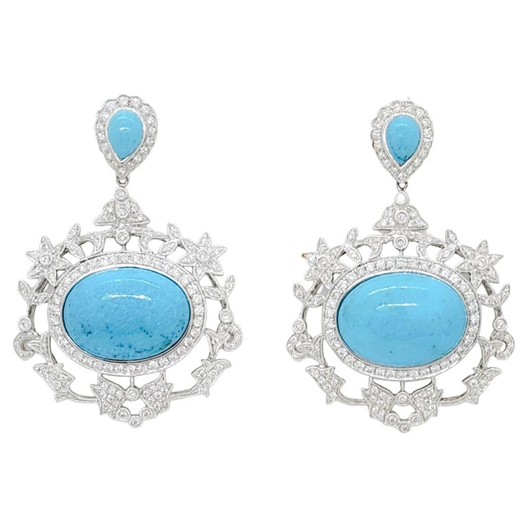Turquoise and White Diamond Dangle Earrings in 18k White Gold For Sale ...