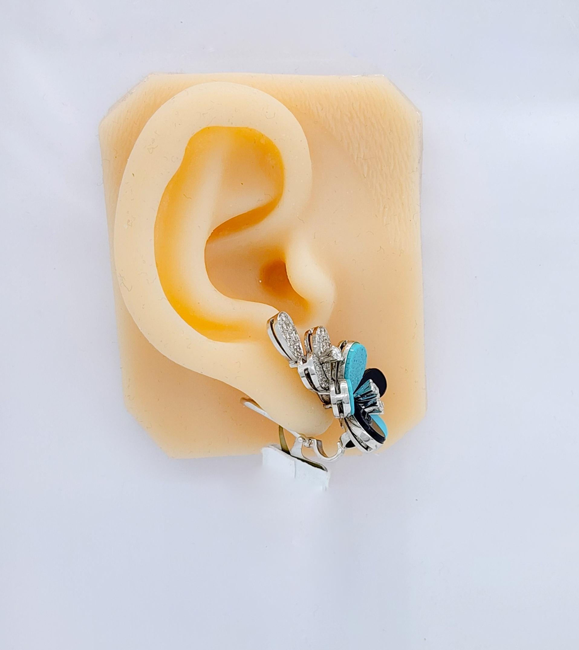 Türkis- und weiße Diamant-Blumen-Cluster-Ohrringe in 18k für Damen oder Herren im Angebot