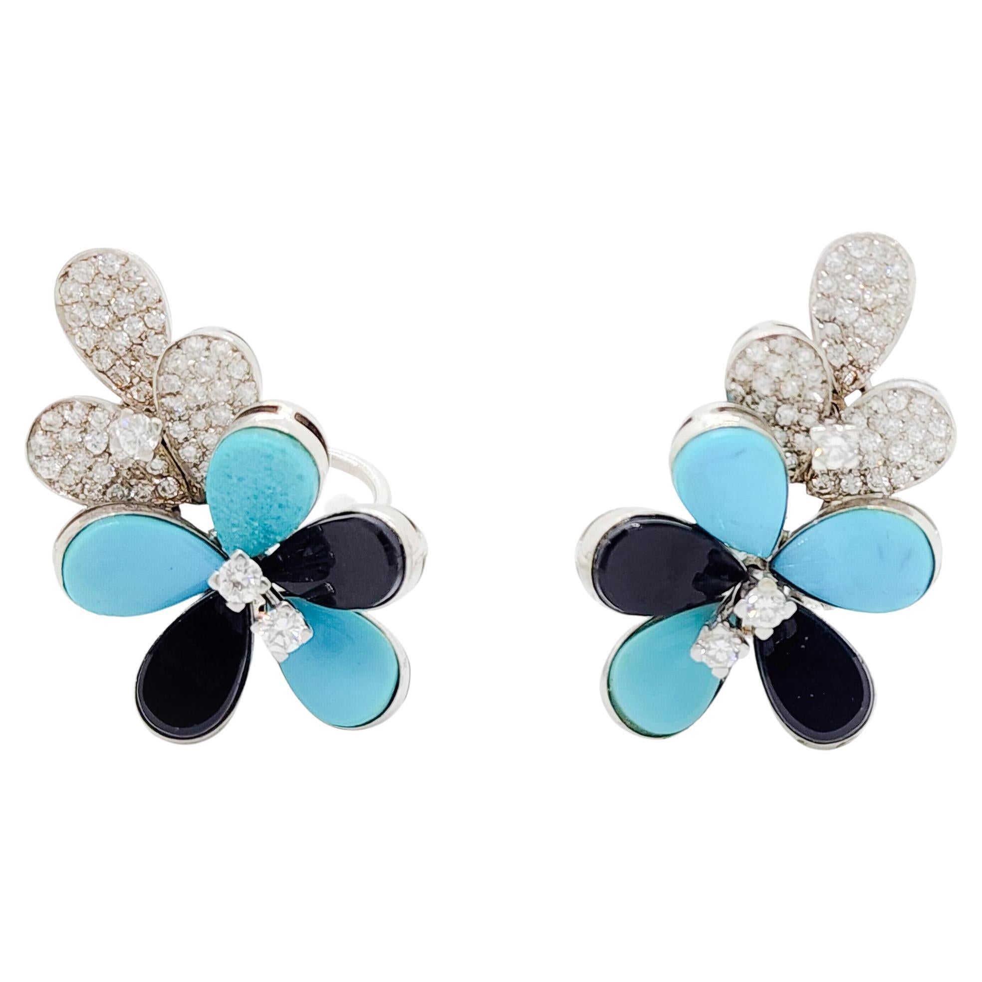 Turquoise and White Diamond Floral Cluster Earrings in 18k For Sale