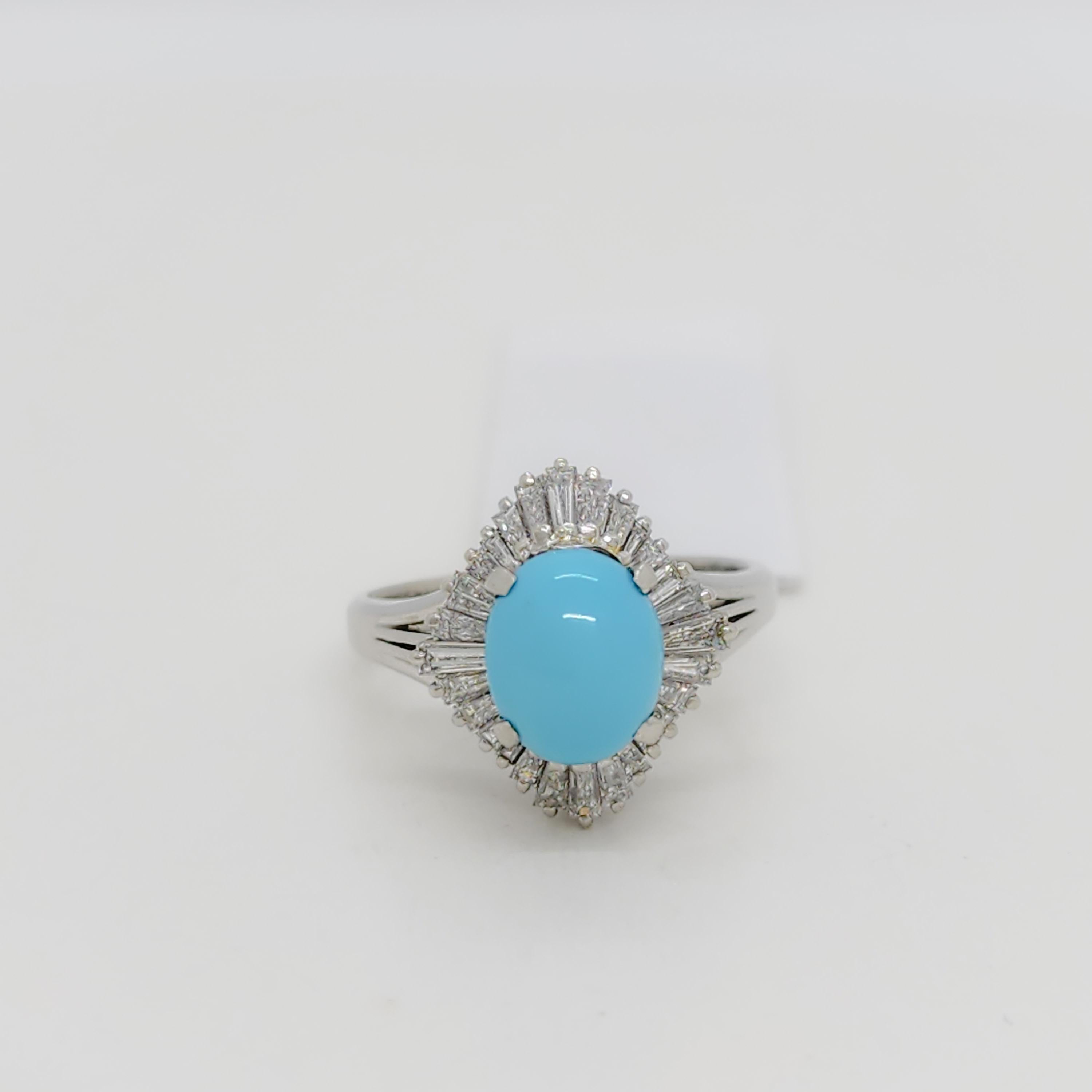 Oval Cut Turquoise and White Diamond Ring in Platinum For Sale