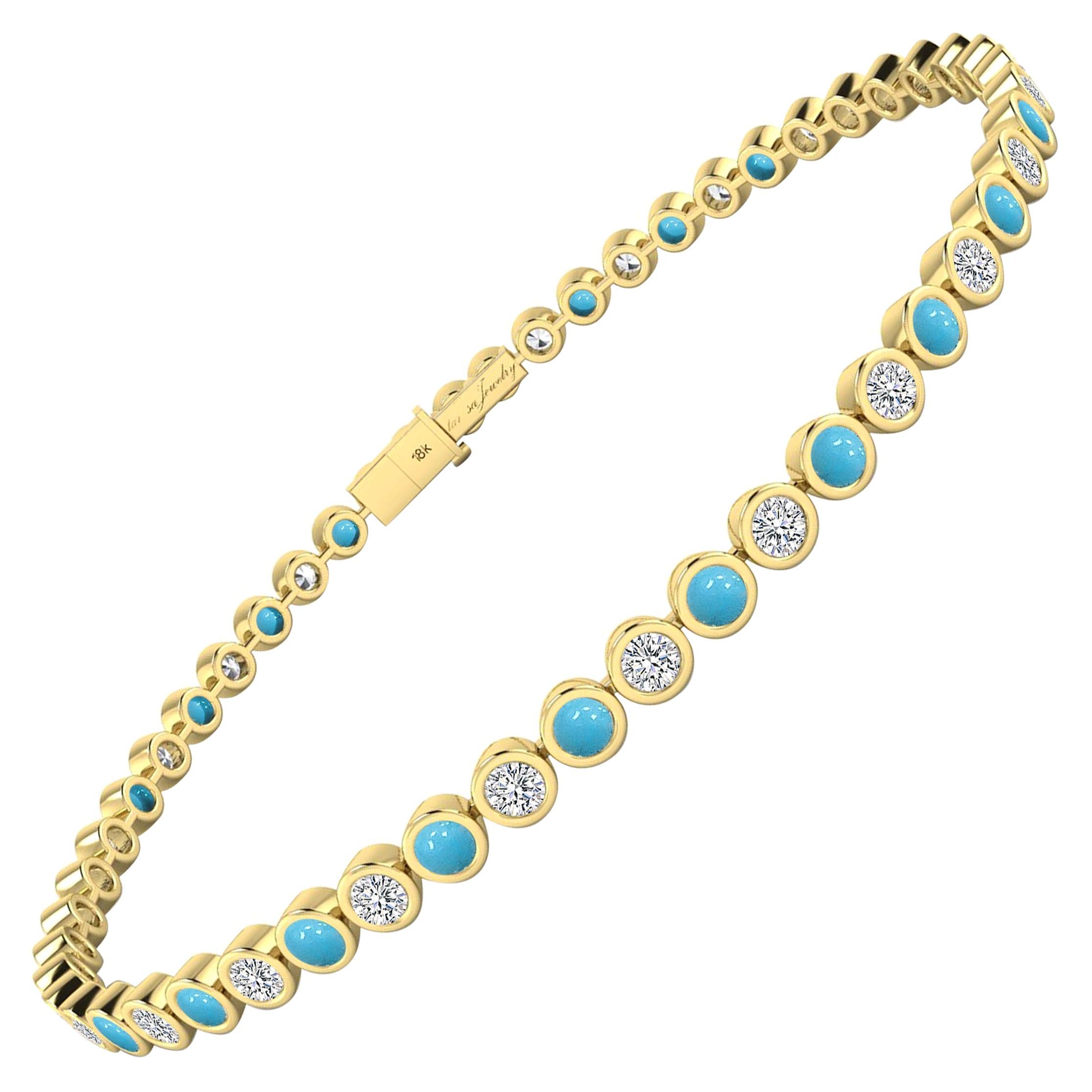 Turquoise and White Diamond Tennis Bracelet in 18 Karat Yellow Gold