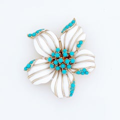 Turquoise and White Enamel Dogwood Flower Figural Brooch By Crown Trifari, 1960s