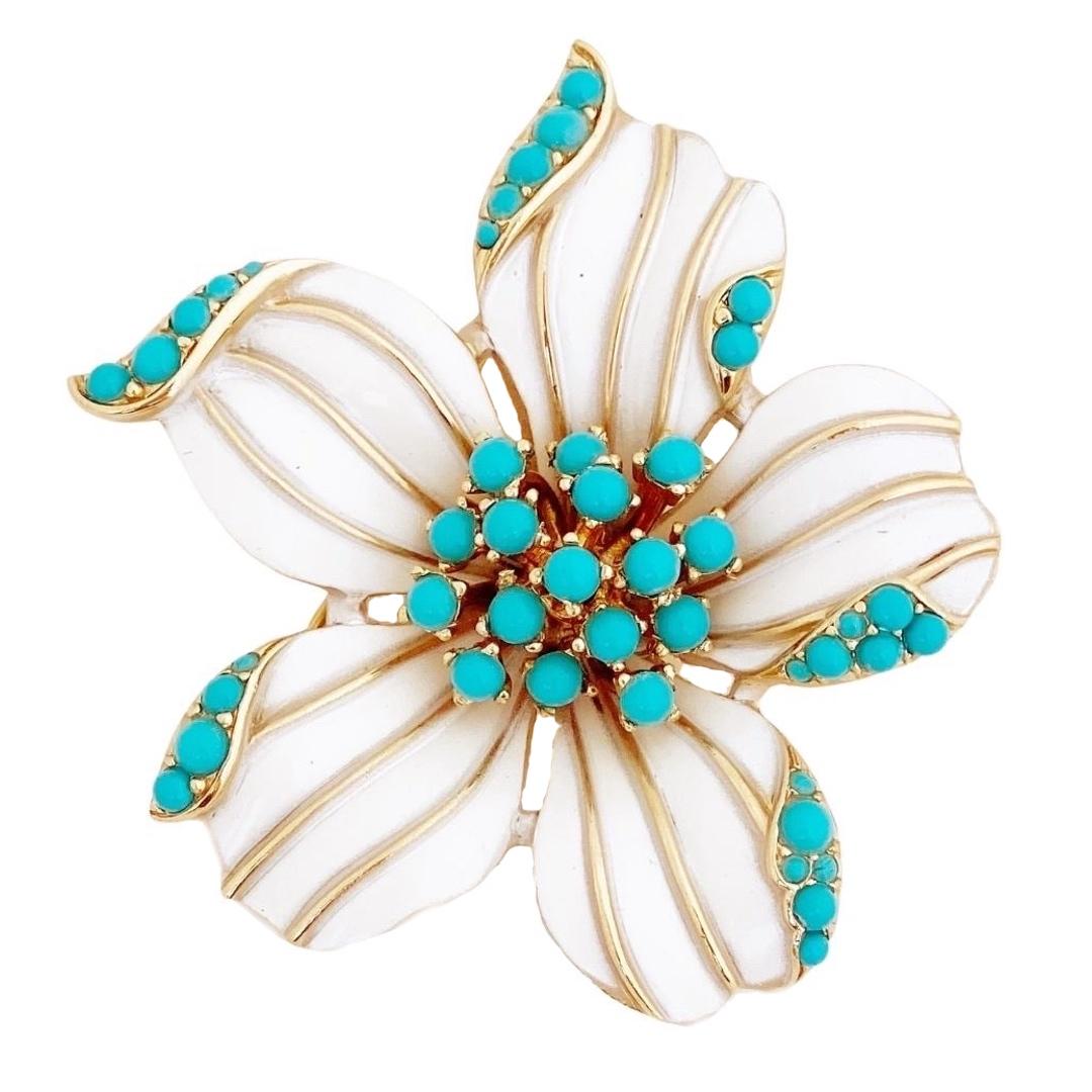 Turquoise and White Enamel Dogwood Flower Figural Brooch By Crown Trifari, 1960s