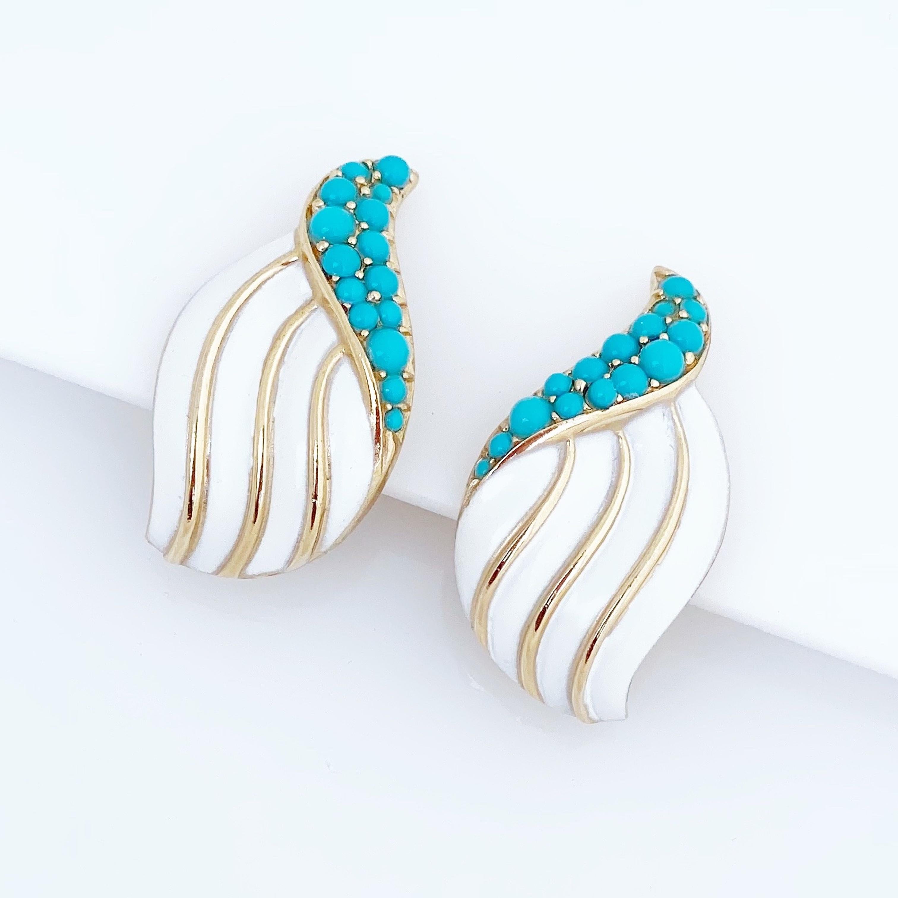 Modern Turquoise and White Enamel Leaf Earrings By Crown Trifari, 1960s