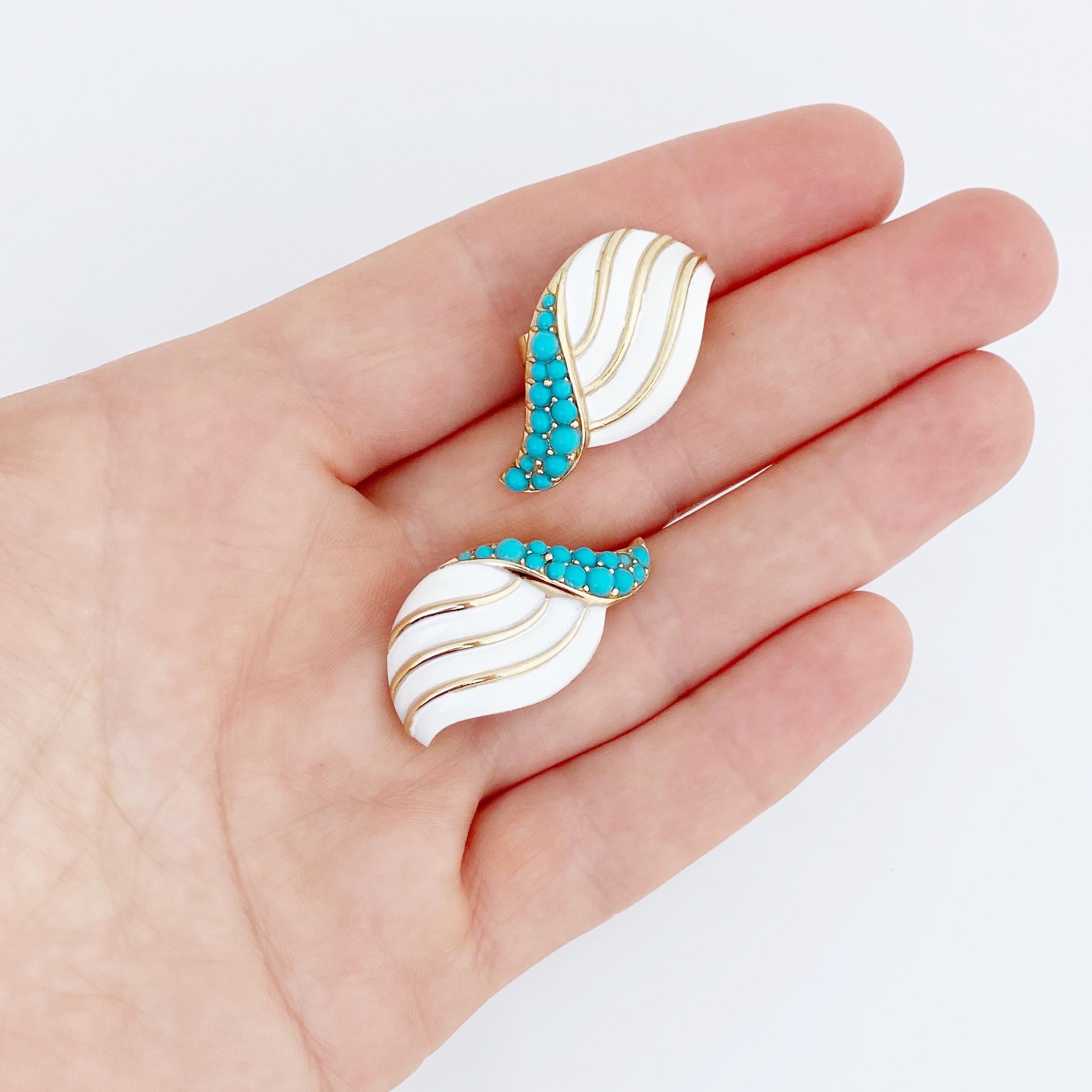 Turquoise and White Enamel Leaf Earrings By Crown Trifari, 1960s 1