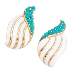 Turquoise and White Enamel Leaf Earrings By Crown Trifari, 1960s