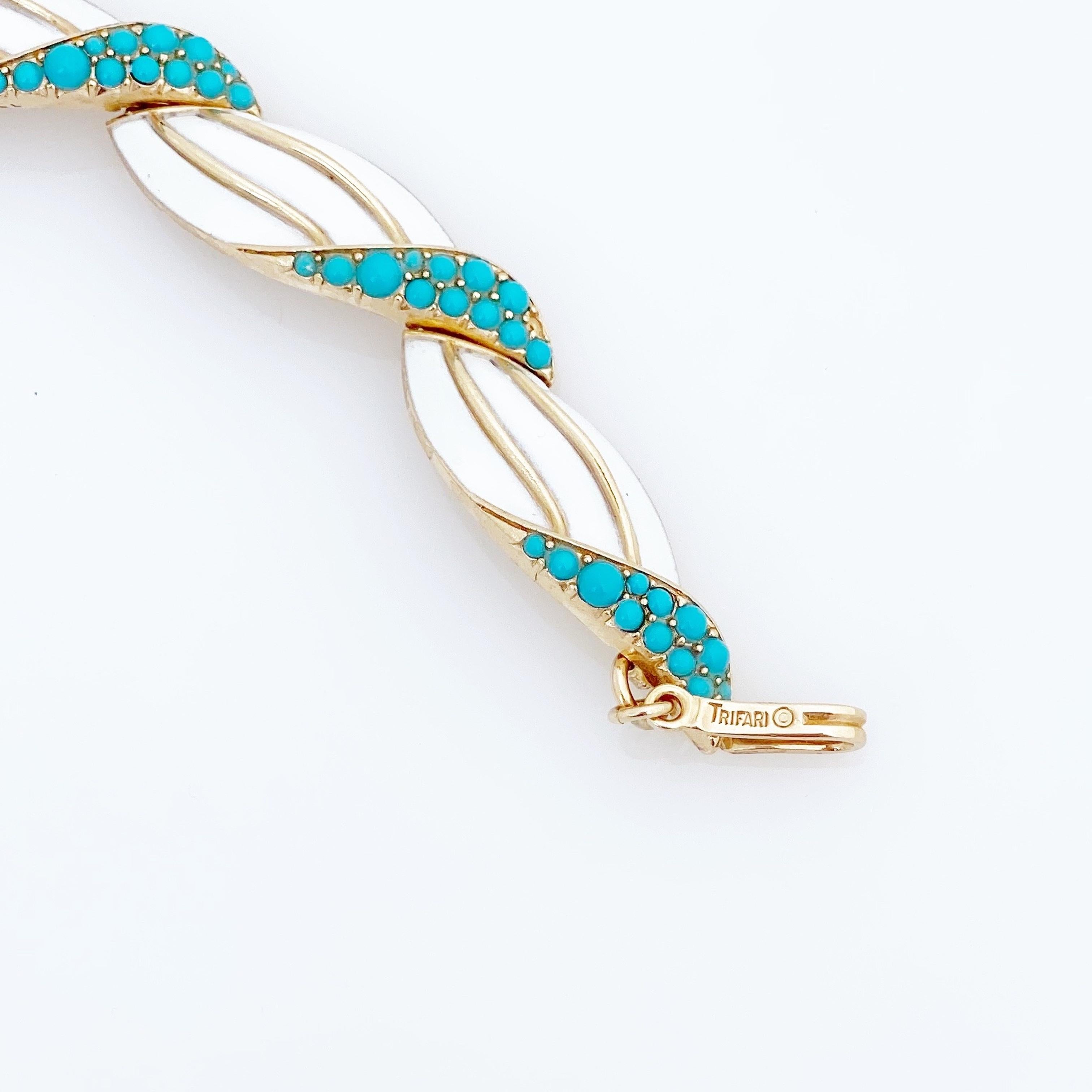 Modern Turquoise and White Enamel Link Choker Necklace By Crown Trifari, 1960s