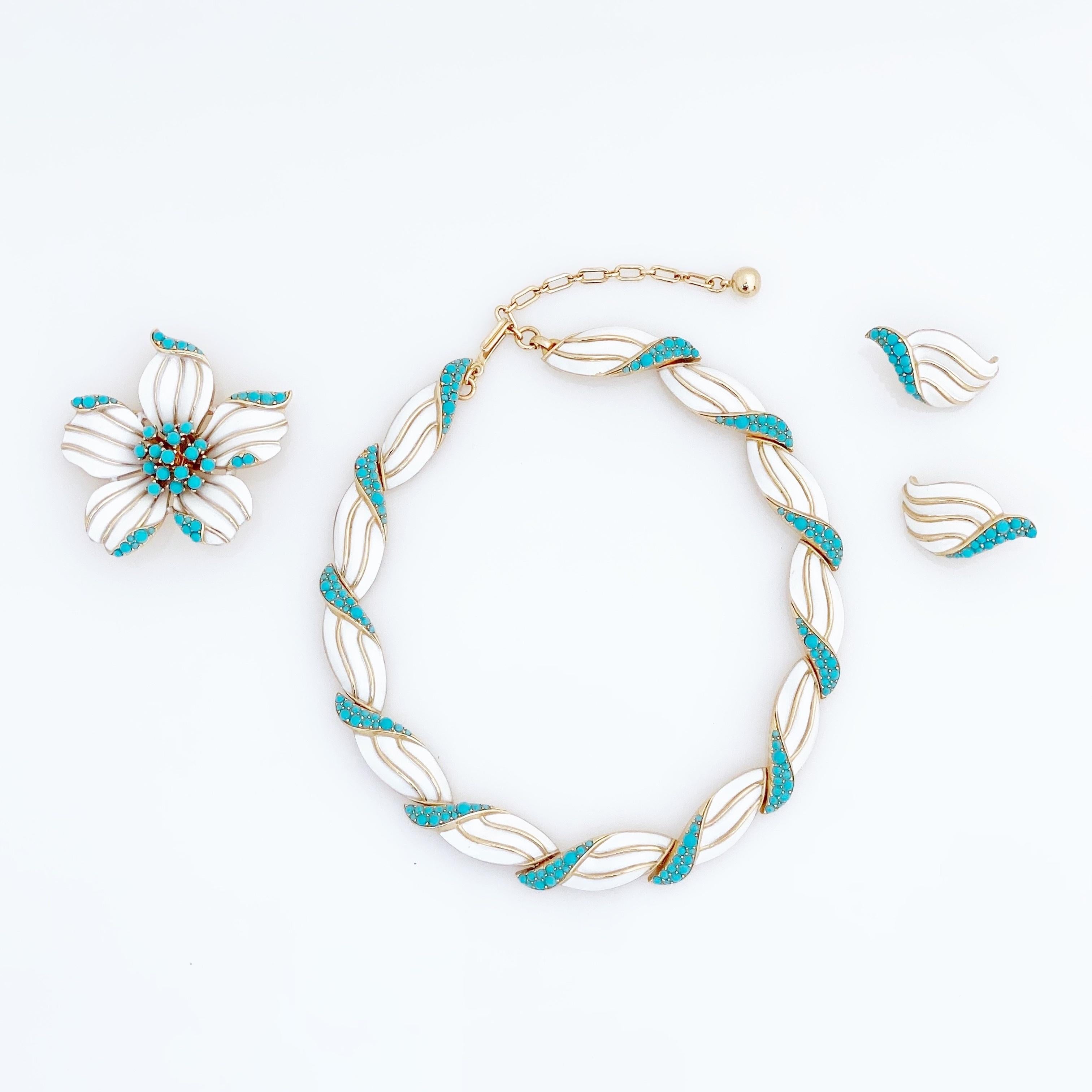 Turquoise and White Enamel Link Choker Necklace By Crown Trifari, 1960s 1