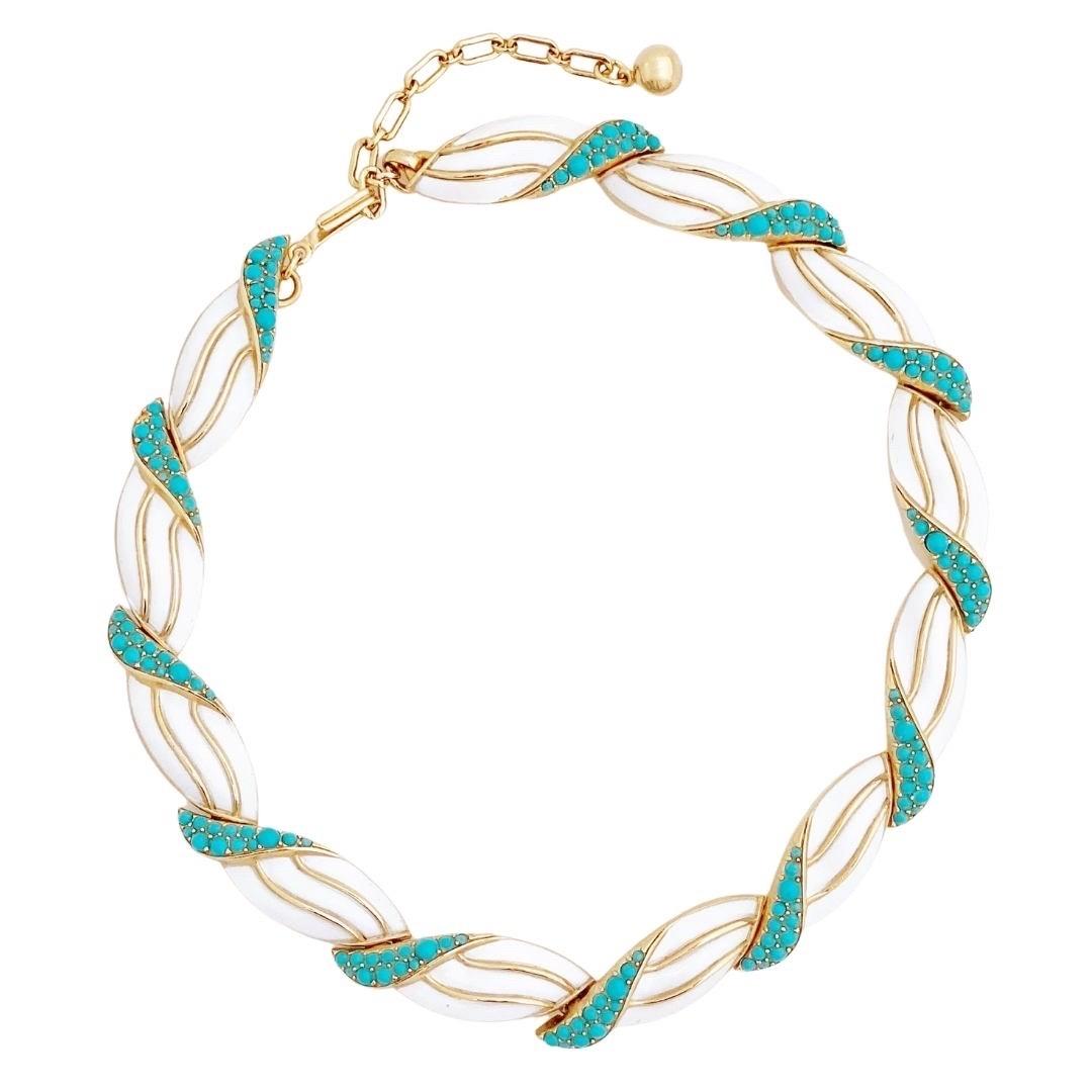 Turquoise and White Enamel Link Choker Necklace By Crown Trifari, 1960s