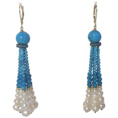 Marina J Graduated Turquoise and Pearl Tassel Earrings with 14 K Yellow Gold