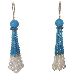 Marina J Graduated Turquoise and Pearl Tassel Earrings with 14 K Yellow Gold 