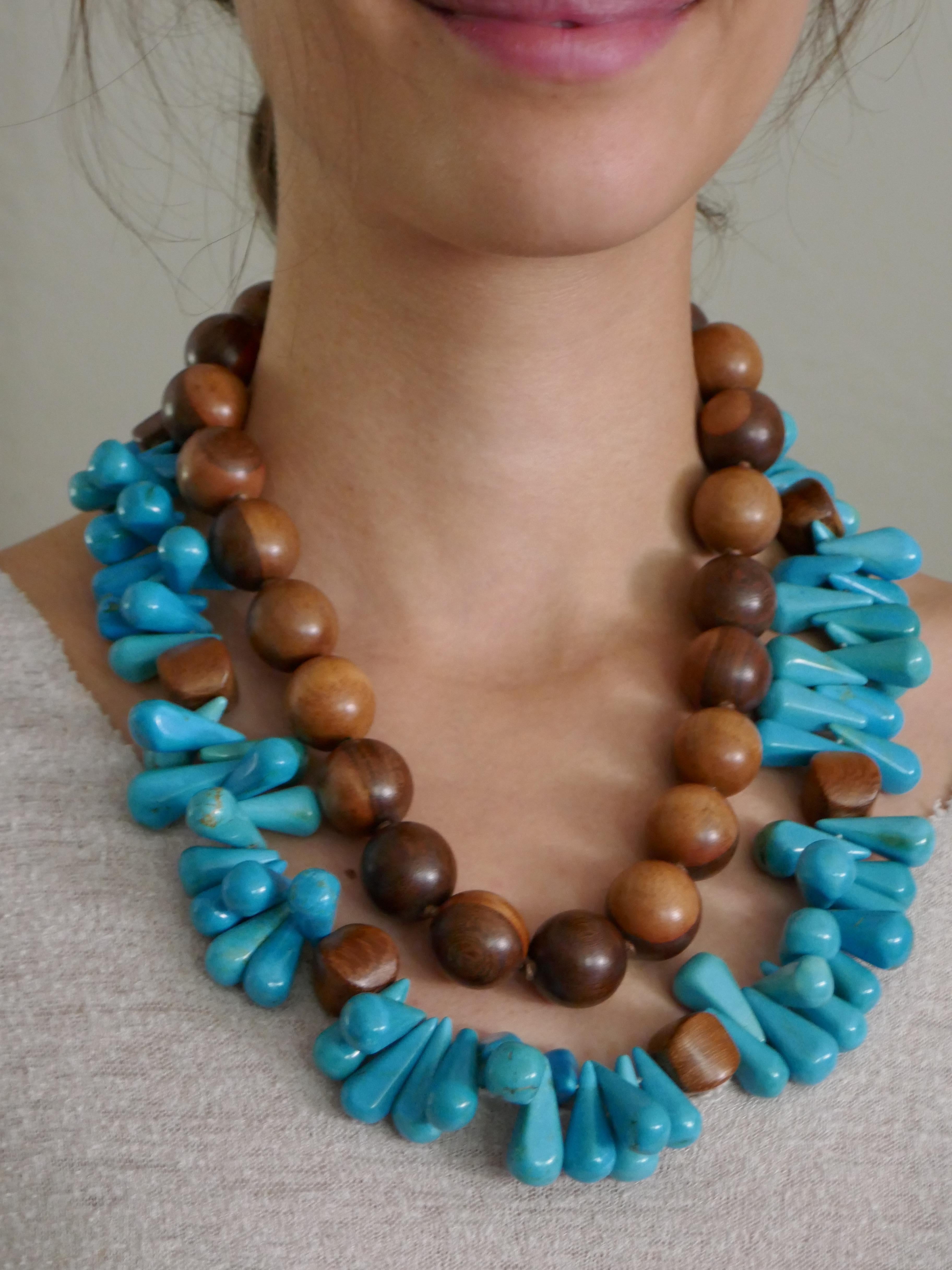 Turquoise and Wood Gemstone Necklaces For Sale 9